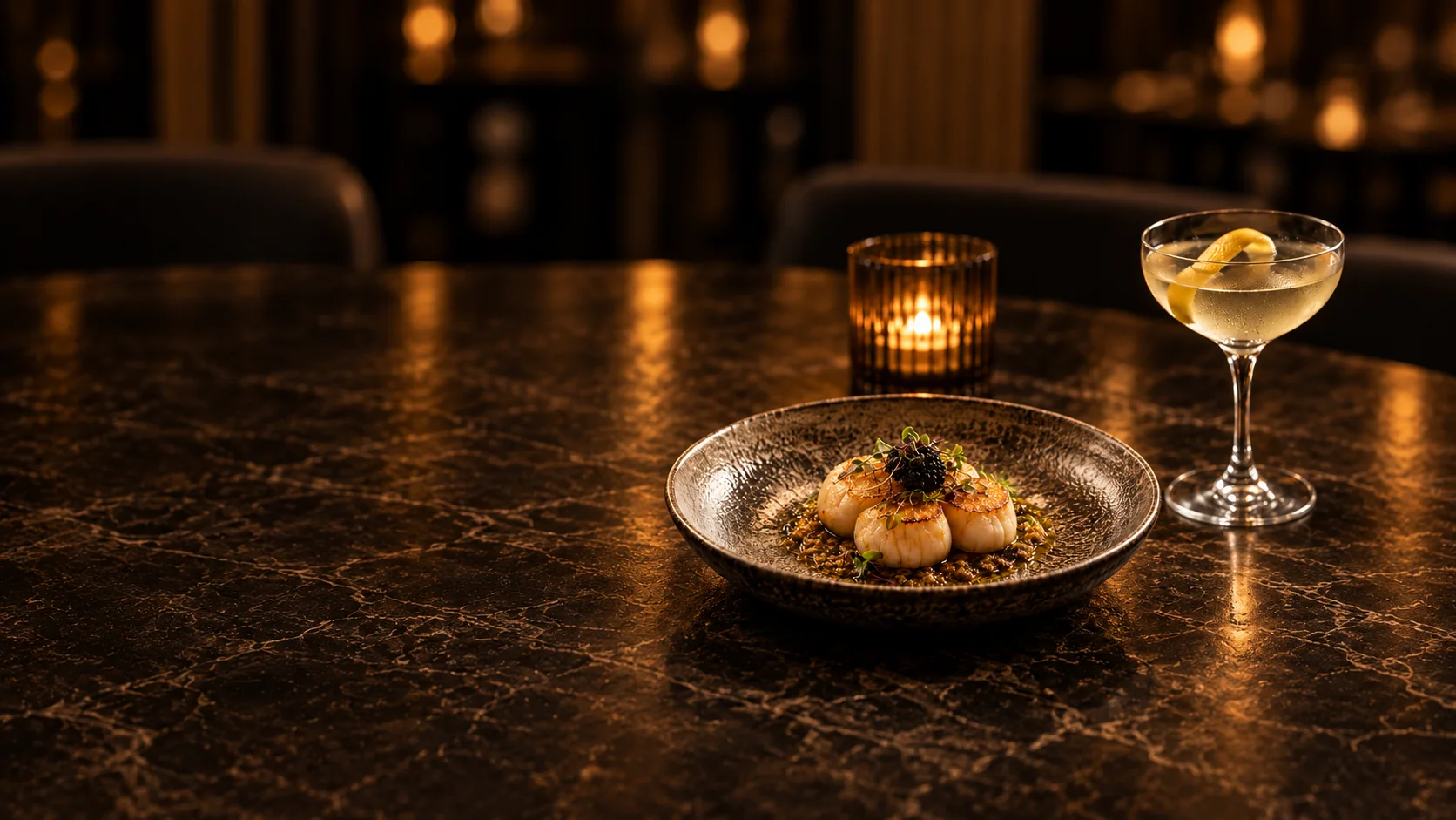 A delicate cocktail and a seasonal dish on handmade ceramics
