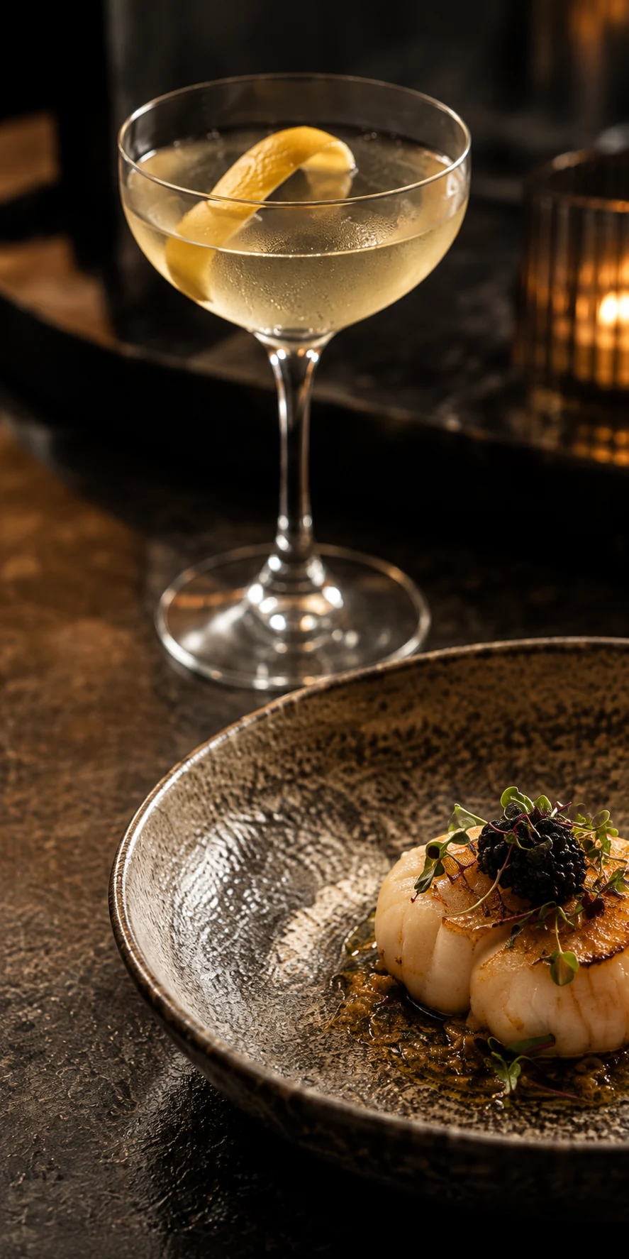A delicate cocktail and a seasonal dish on handmade ceramics