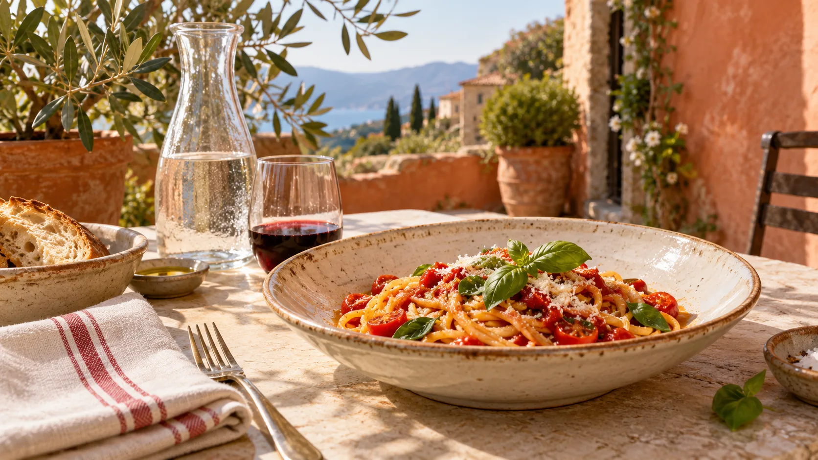 Fresh tomato and basil pasta on a sunny terracotta trattoria terrace