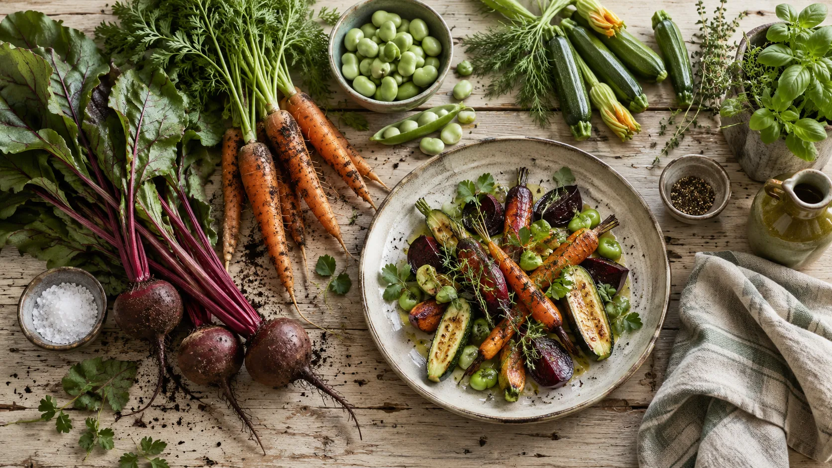 Seasonal vegetables, garden herbs and a carefully plated vegetable dish on pale timber