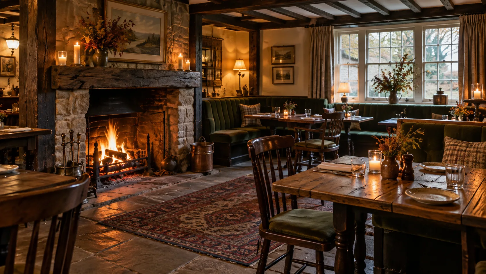 A country pub dining room with timber beams, a stone fireplace and deep green seating