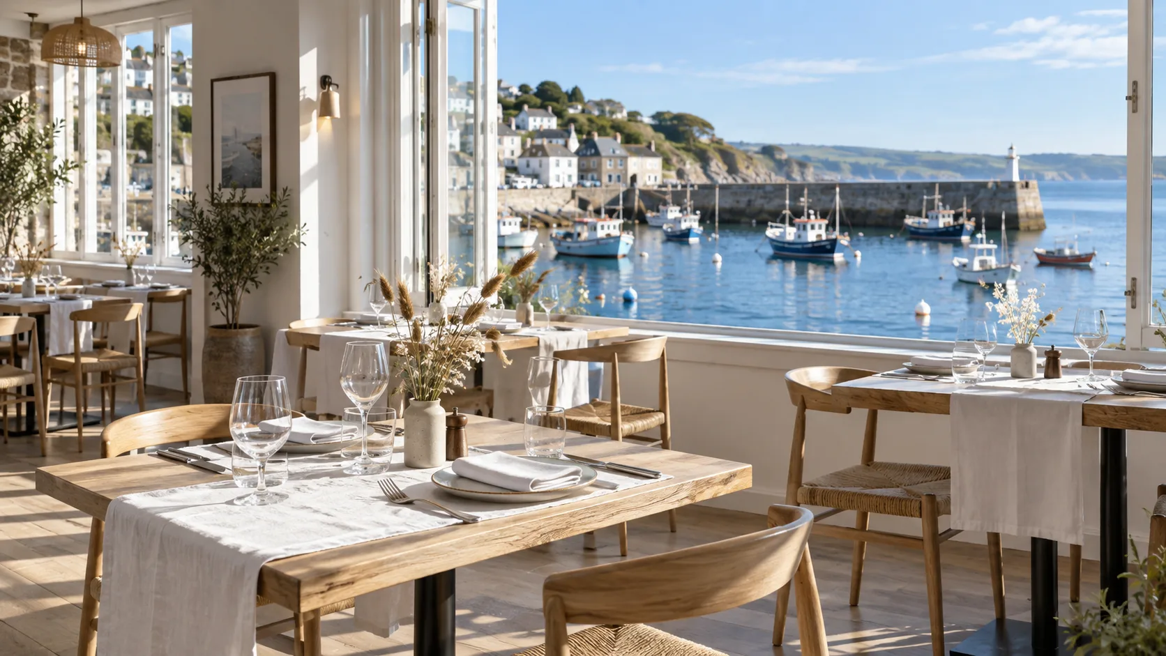 An airy coastal dining room with harbour views and pale oak tables