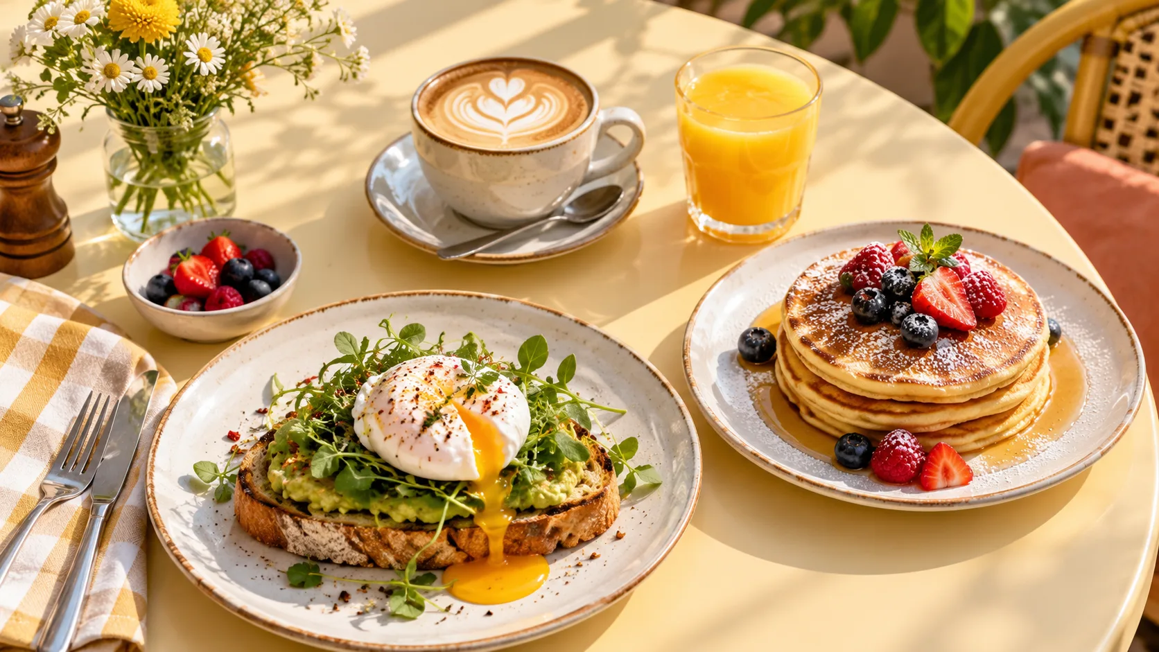 A sunny brunch table with poached eggs, pancakes, cappuccino and orange juice